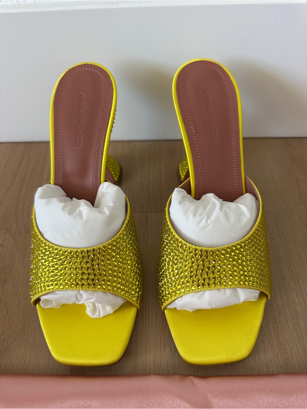 Amina Muaddi Lupita Crystal Dust 95 Sandals/ Mules, Yellow Satin w/ Crystals
